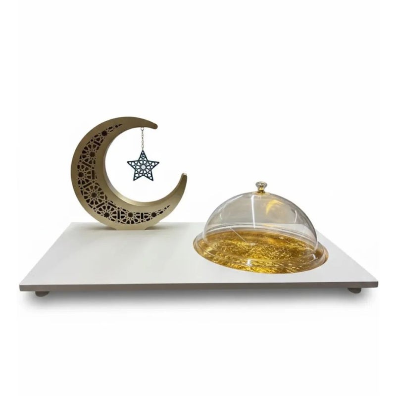 Ramadan Decorative White Tray with Crescent Moon Hanging Star and Cloche Attached